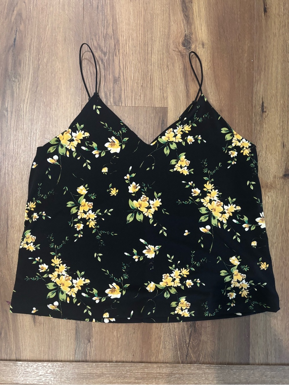 Women’s Large Maurices Black Floral V-Neck Cami with Yellow Blossoms